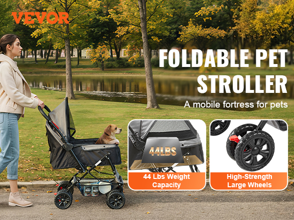 woman walking a dog in a VEVOR pet stroller by a park lake; features include sturdy frame and large wheels.