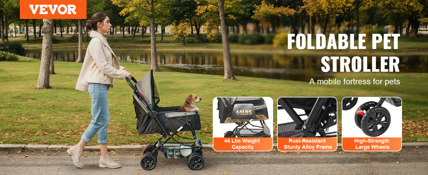 woman walking a dog in a VEVOR pet stroller by a park lake; features include sturdy frame and large wheels.