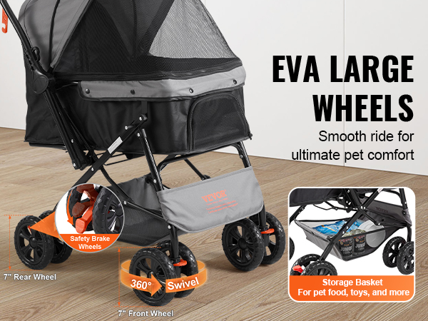 VEVOR pet stroller with eva large wheels, safety brake, 360° swivel, pet safety belt, and storage basket.