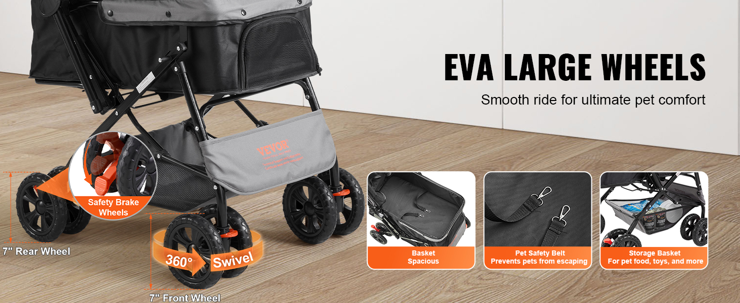 VEVOR pet stroller with eva large wheels, safety brake, 360° swivel, pet safety belt, and storage basket.