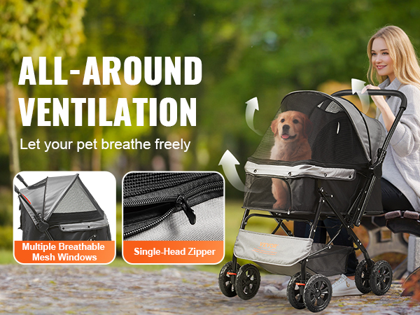 VEVOR pet stroller with multiple breathable mesh windows, 600d oxford fabric, and single-head zipper.