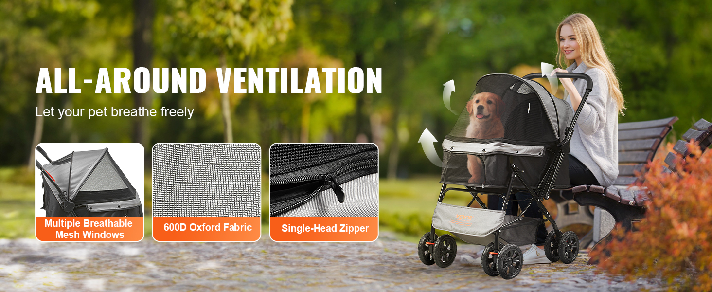 VEVOR pet stroller with multiple breathable mesh windows, 600d oxford fabric, and single-head zipper.