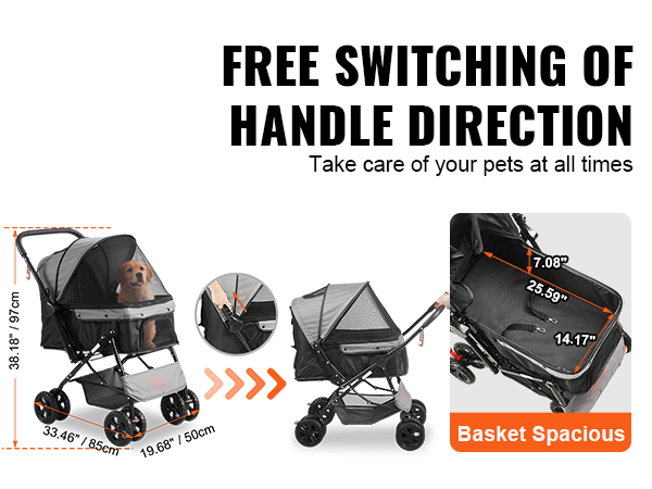 VEVOR pet stroller with reversible handle, spacious basket, dog inside, dimensions, and black design.