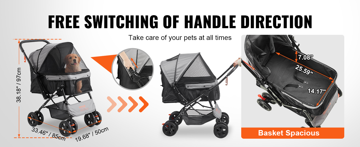 VEVOR pet stroller with reversible handle, spacious basket, dog inside, dimensions, and black design.