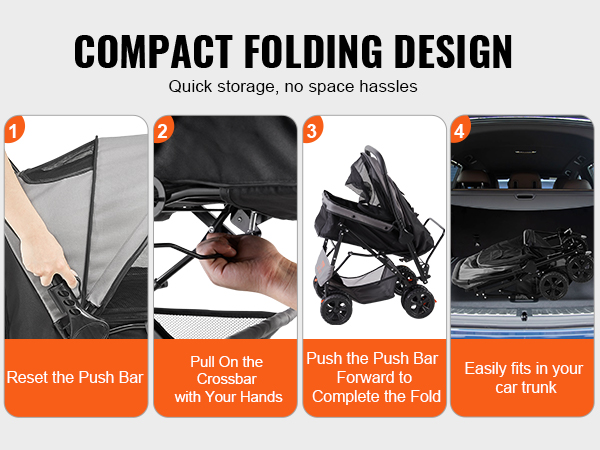 VEVOR pet stroller, compact folding design for easy storage, fits in car trunks, step-by-step instructions.