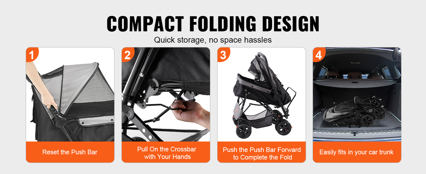 VEVOR pet stroller, compact folding design for easy storage, fits in car trunks, step-by-step instructions.