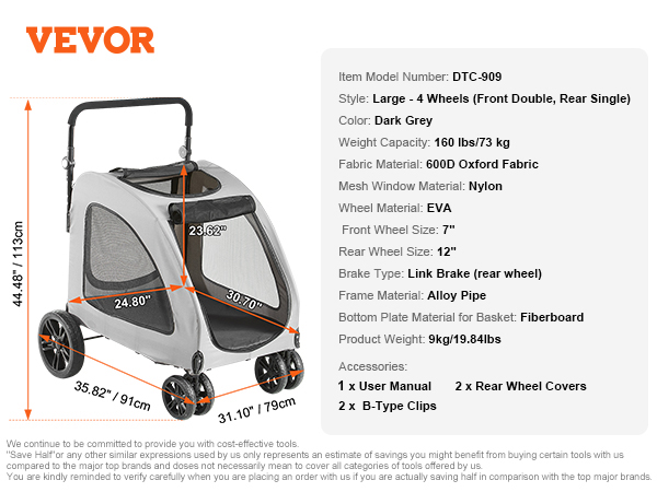 VEVOR pet stroller, dark grey, large size, 4 wheels, 600d oxford fabric, eva wheels, max weight 160 lbs.