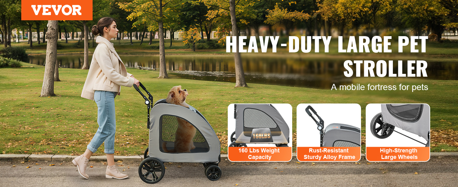 VEVOR pet stroller for large pets, 160 lbs capacity, rust-resistant frame, durable large wheels.