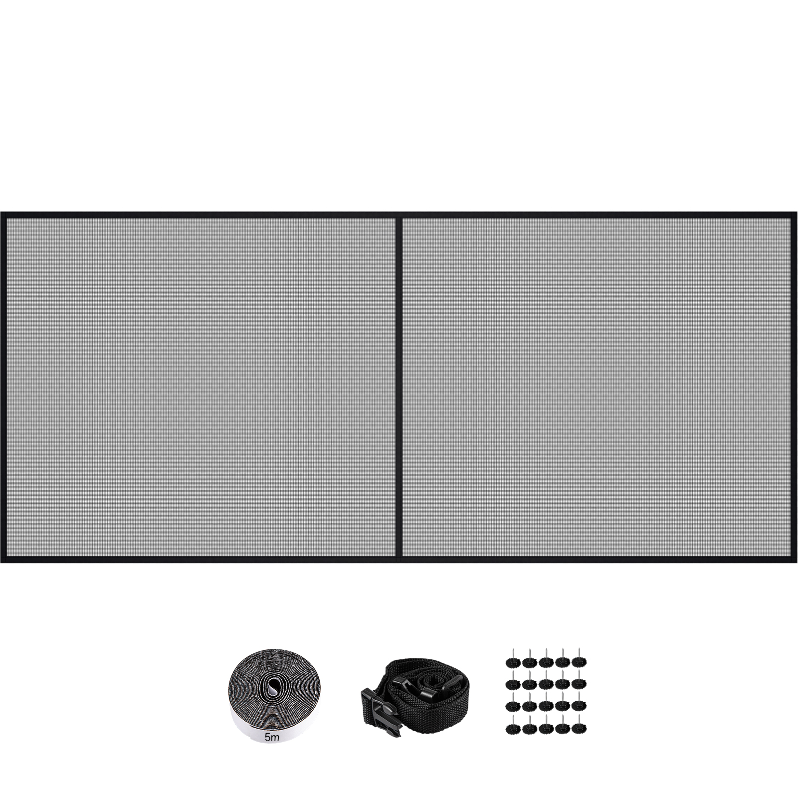 VEVOR garage door screen with accessories including tape, buckle strap, and buttons.