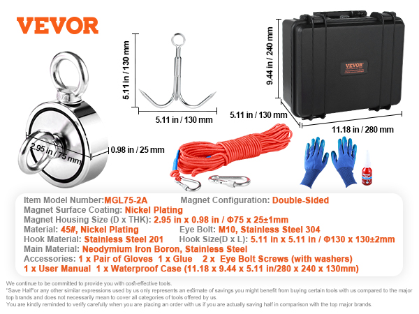 VEVOR magnet fishing kit with double-sided magnet, rope, carabiners, gloves, hook, case, and glue.