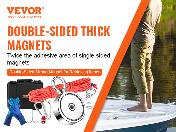 VEVOR magnet fishing kit with double-sided thick magnets, rope, hooks, gloves, and a carrying case.