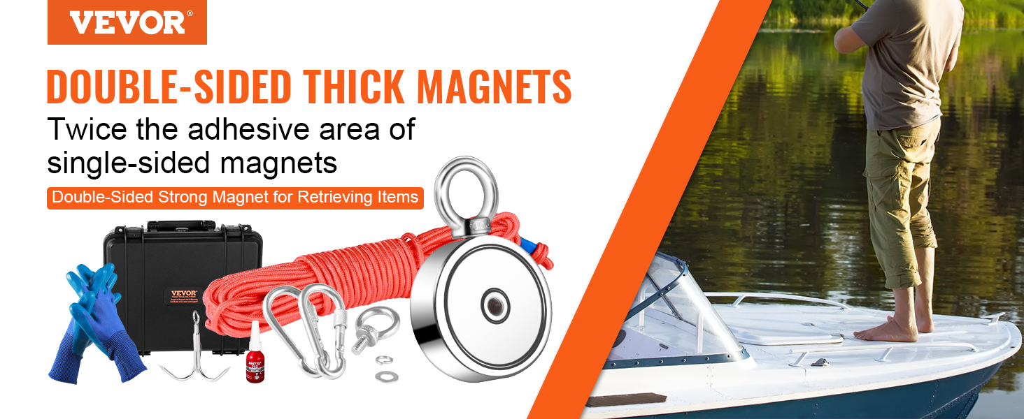 VEVOR magnet fishing kit with double-sided thick magnets, rope, hooks, gloves, and a carrying case.