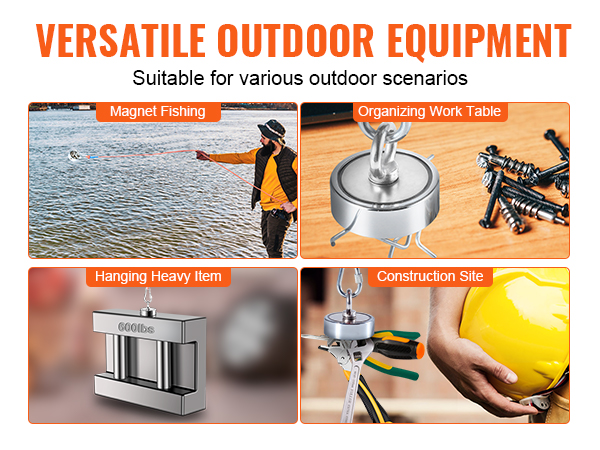 versatile outdoor equipment showcasing magnet fishing, organizing work table, hanging heavy item, and construction site applications.