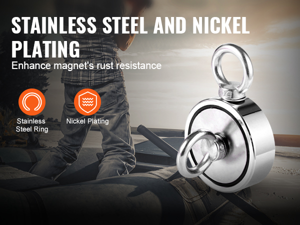 stainless steel and nickel plating of VEVOR magnet fishing kit enhance magnet’s rust resistance.