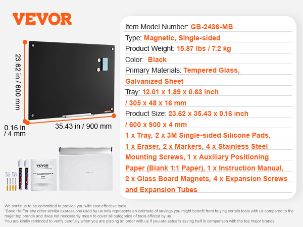 VEVOR magnetic glass whiteboard, single-sided, black, 35.43x23.62 inches, with accessories included.