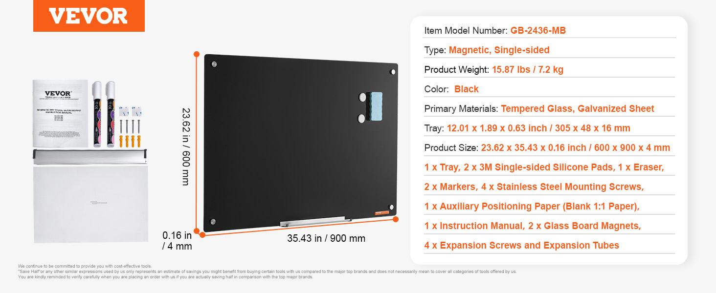 VEVOR magnetic glass whiteboard, single-sided, black, 35.43x23.62 inches, with accessories included.