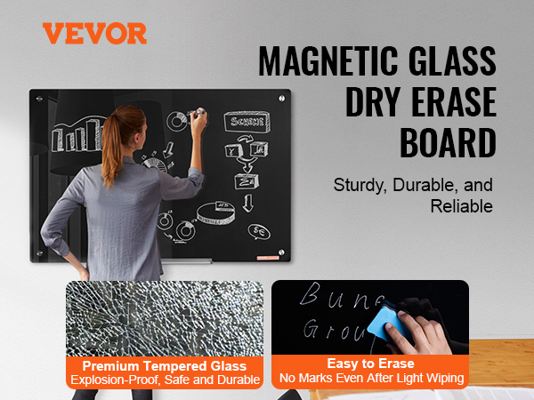 VEVOR magnetic glass whiteboard with premium tempered glass, easy to erase, sturdy and durable.