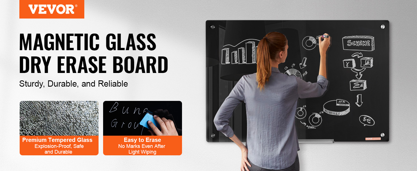 VEVOR magnetic glass whiteboard with premium tempered glass, easy to erase, sturdy and durable.