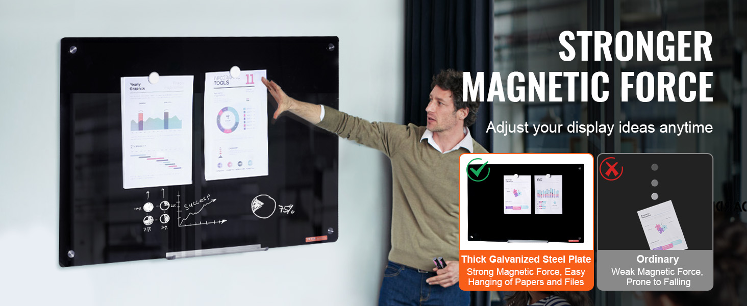 VEVOR magnetic glass whiteboard with strong magnetic force, displaying charts and notes.