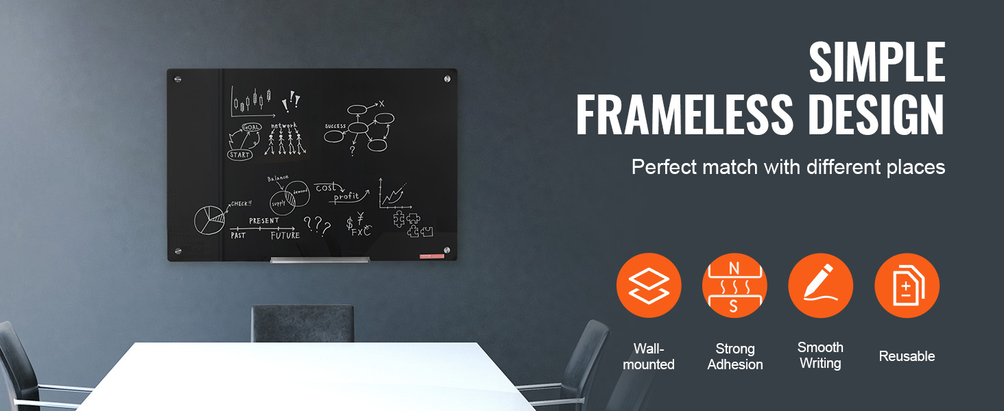 VEVOR magnetic glass whiteboard, frameless design, wall-mounted, smooth writing surface, strong adhesion.