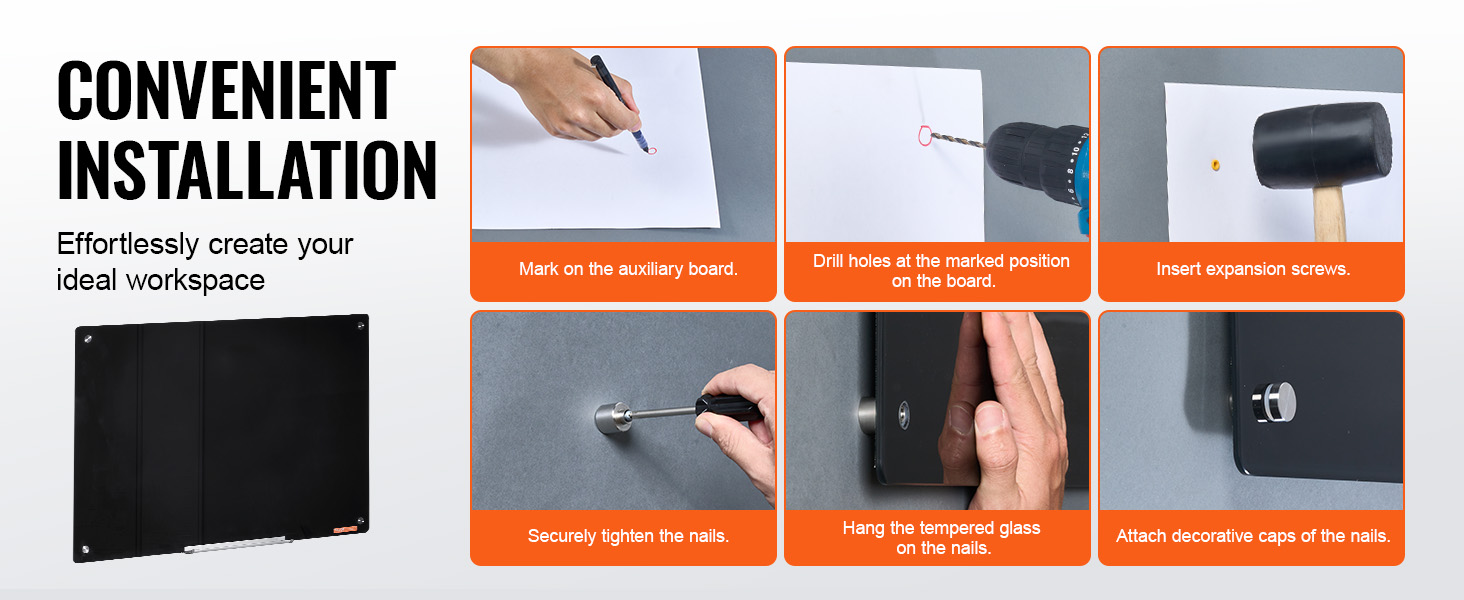 convenient installation steps for VEVOR magnetic glass whiteboard, effortless workspace creation.