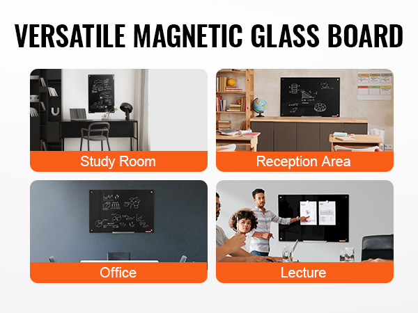 VEVOR magnetic glass whiteboard used in study rooms, classrooms, offices, and lectures.