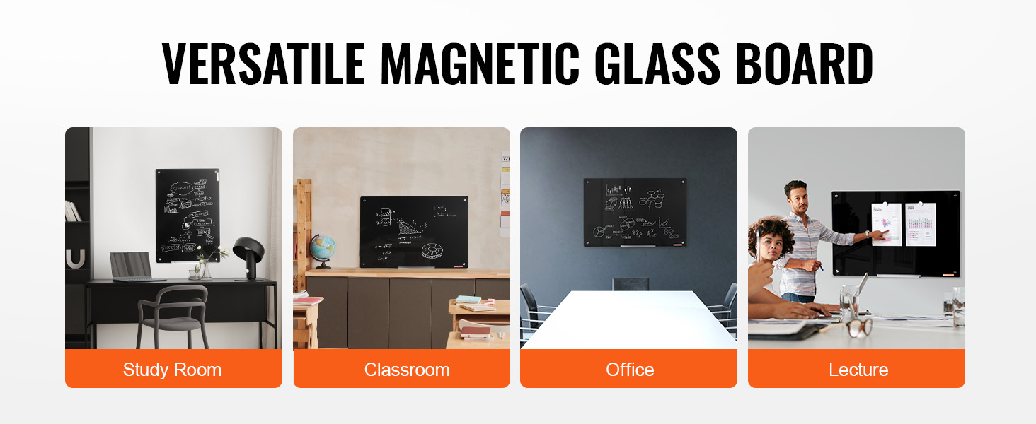 VEVOR magnetic glass whiteboard used in study rooms, classrooms, offices, and lectures.