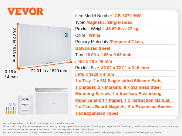 VEVOR magnetic glass whiteboard with accessories, 72x36 inches, tempered glass, white color.