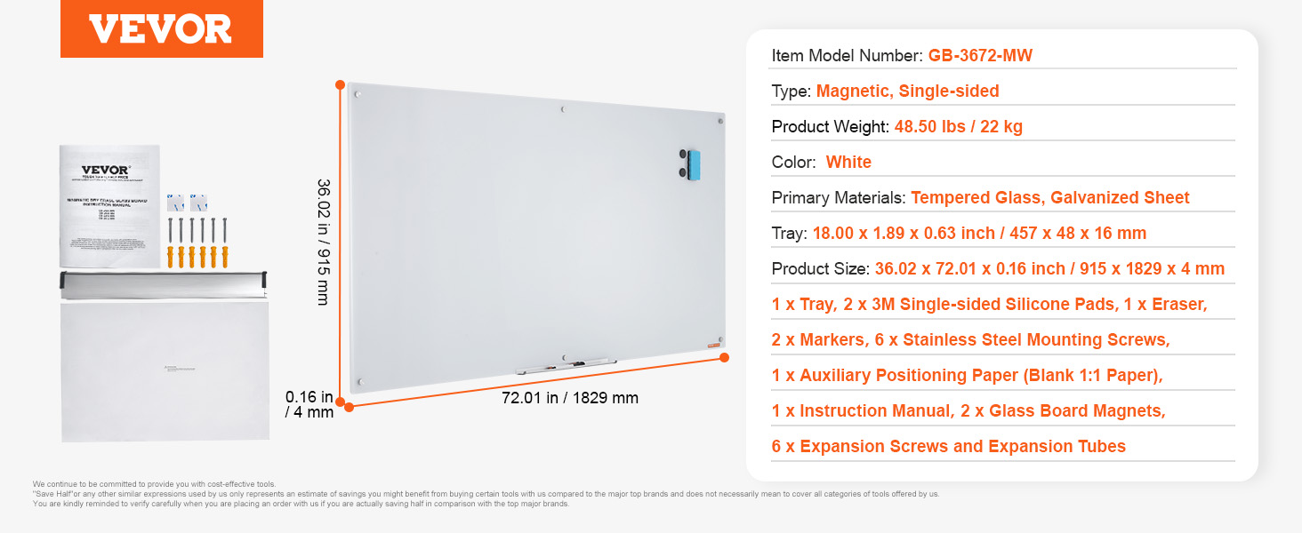 VEVOR magnetic glass whiteboard with accessories, 72x36 inches, tempered glass, white color.