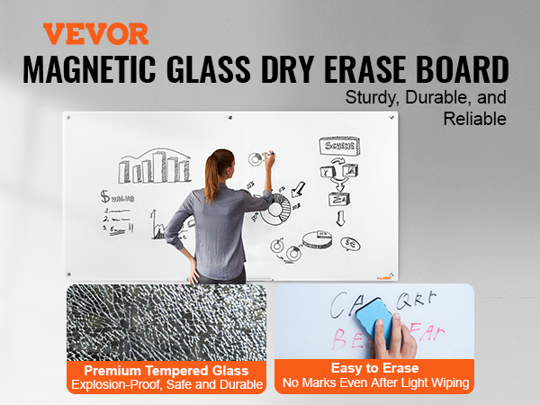 VEVOR magnetic glass whiteboard, easy to erase and explosion-proof, being used for charts and diagrams.