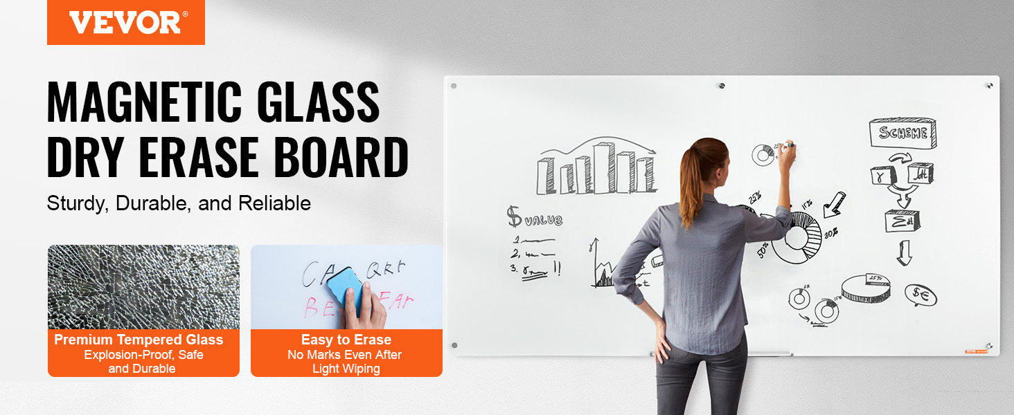 VEVOR magnetic glass whiteboard, easy to erase and explosion-proof, being used for charts and diagrams.