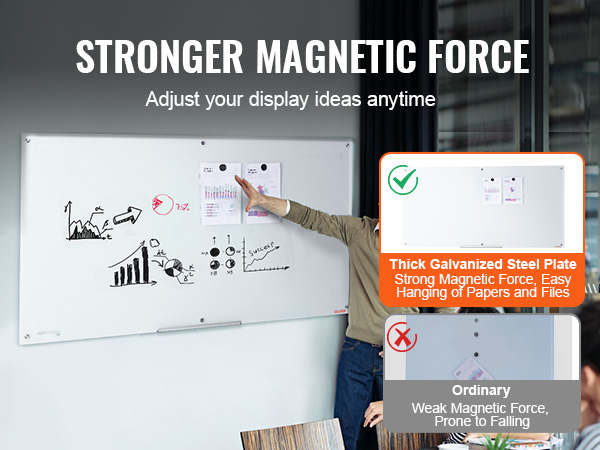 VEVOR magnetic glass whiteboard with strong magnetic force for easy hanging of papers and files.