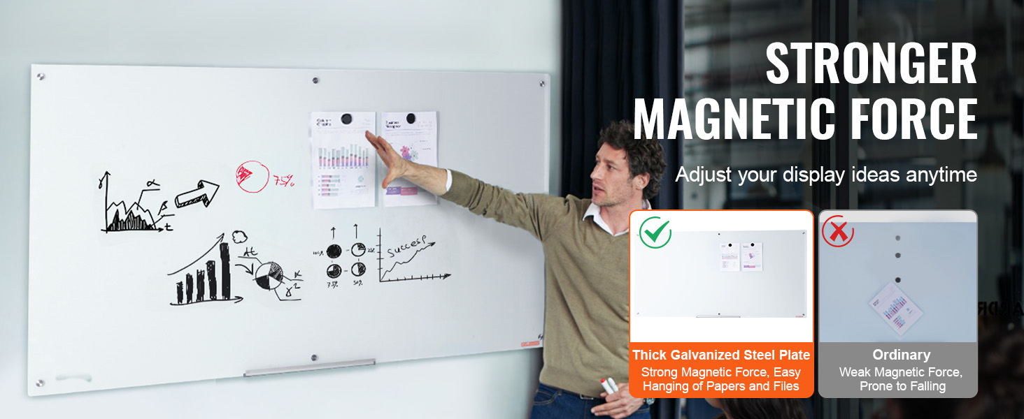 VEVOR magnetic glass whiteboard with strong magnetic force for easy hanging of papers and files.