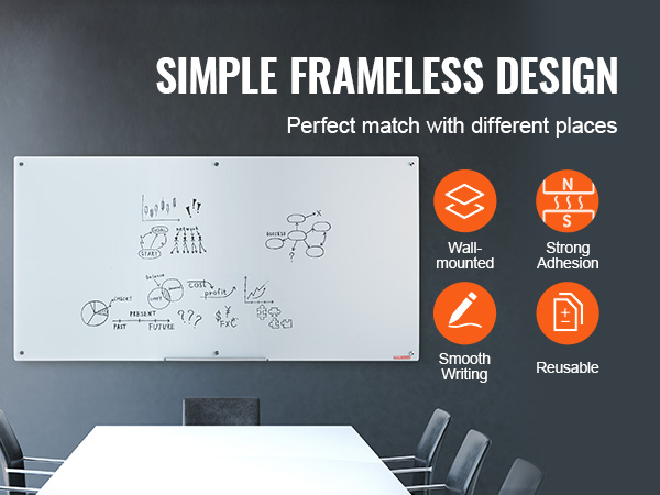 VEVOR magnetic glass whiteboard in a conference room with simple frameless design and icons for features.
