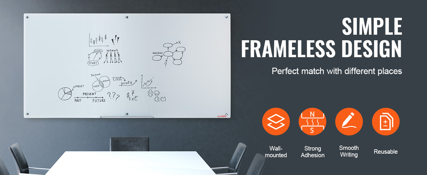 VEVOR magnetic glass whiteboard in a conference room with simple frameless design and icons for features.