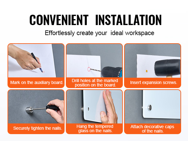 convenient installation steps for VEVOR magnetic glass whiteboard, creating an ideal workspace easily.