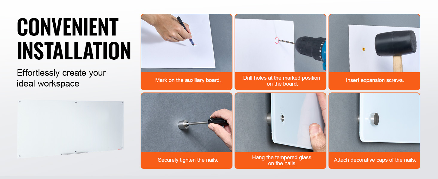convenient installation steps for VEVOR magnetic glass whiteboard, creating an ideal workspace easily.