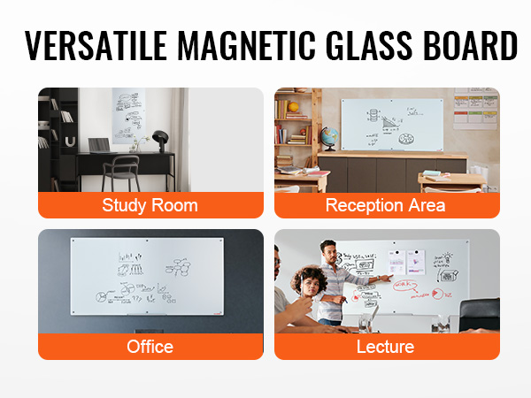 versatile magnetic glass board used in study room, classroom, office, and lecture settings.