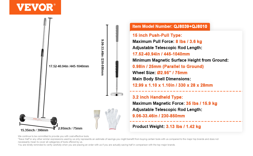 VEVOR magnetic sweeper, 15-inch push-pull type, and 3.2-inch handheld type, detailed dimensions displayed.
