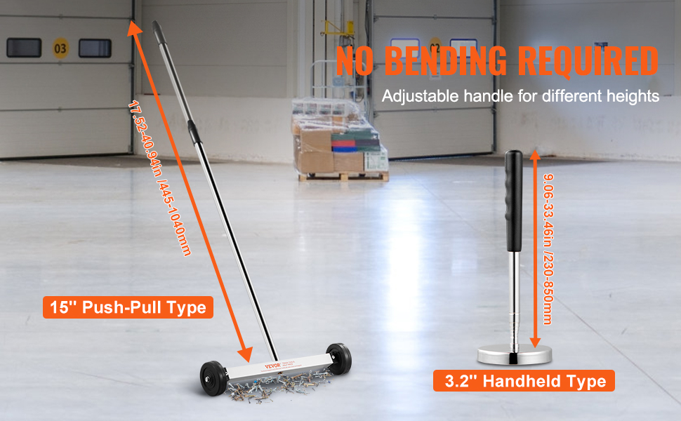 VEVOR magnetic sweeper with adjustable handle, featuring 15" push-pull type and 3.2" handheld type options.