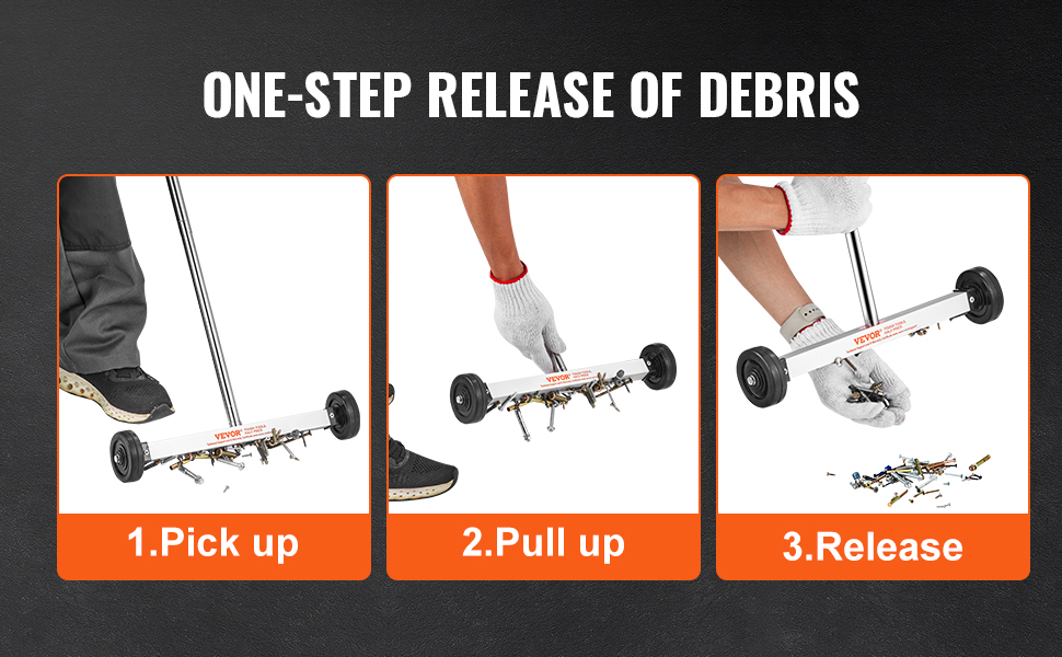 VEVOR magnetic sweeper: easy pick up, pull up, and release of metal debris with one-step release system.