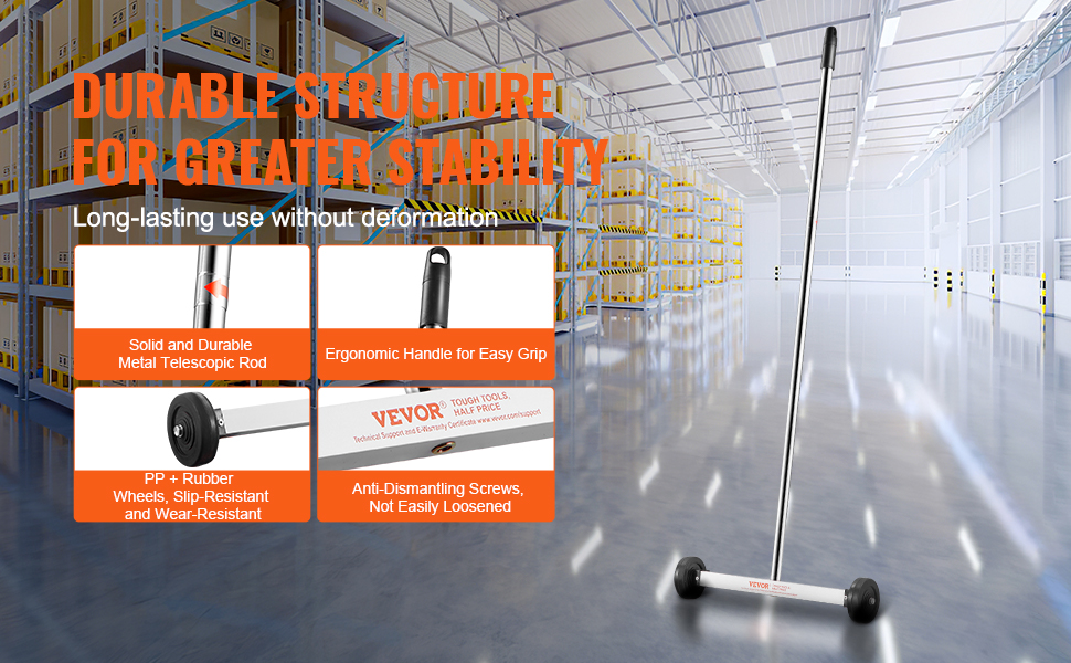 VEVOR magnetic sweeper with a durable metal rod, ergonomic handle, and slip-resistant wheels in a warehouse.
