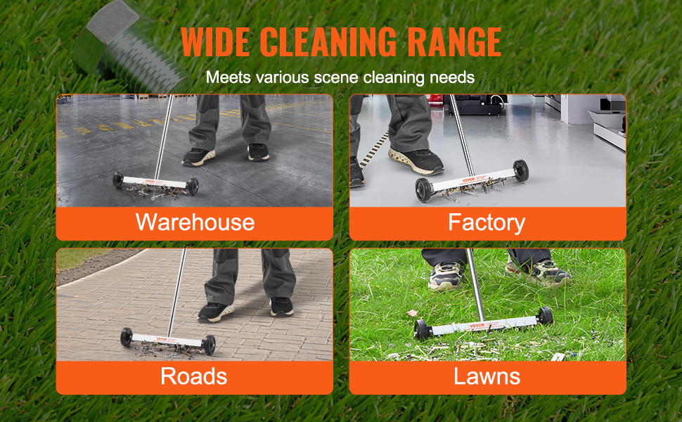 VEVOR magnetic sweeper: effective cleaning in warehouse, factory, roads, and lawns. wide cleaning range.