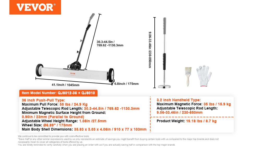 VEVOR magnetic sweeper product dimensions for both push-pull and handheld types with specifications.