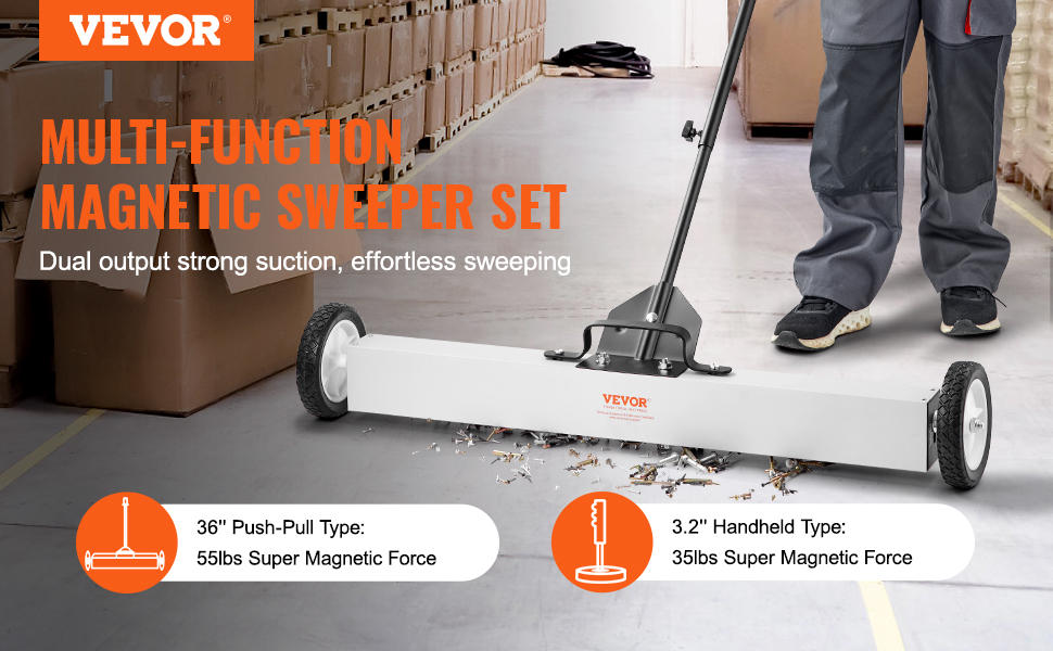 VEVOR magnetic sweeper on a warehouse floor, highlighting strong suction and effortless sweeping capabilities.