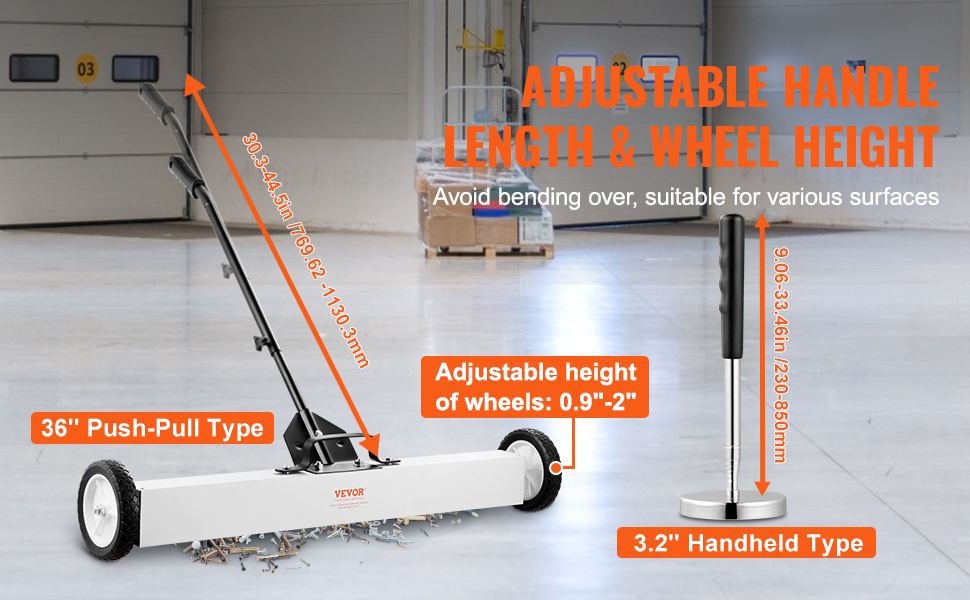 VEVOR magnetic sweeper with adjustable handle length and wheel height in a warehouse setting.