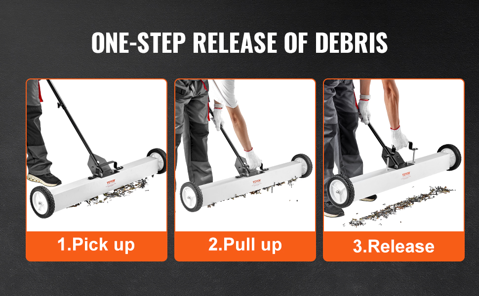 VEVOR magnetic sweeper demonstrating one-step release of debris: pick up, pull up, and release.