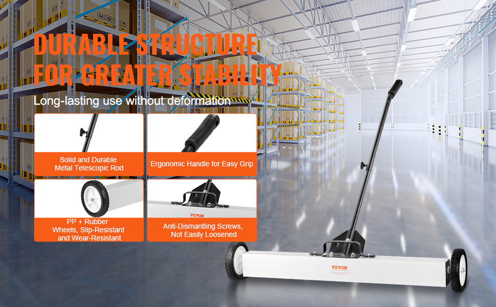 VEVOR magnetic sweeper in warehouse with durable metal rod, ergonomic handle, wear-resistant wheels.