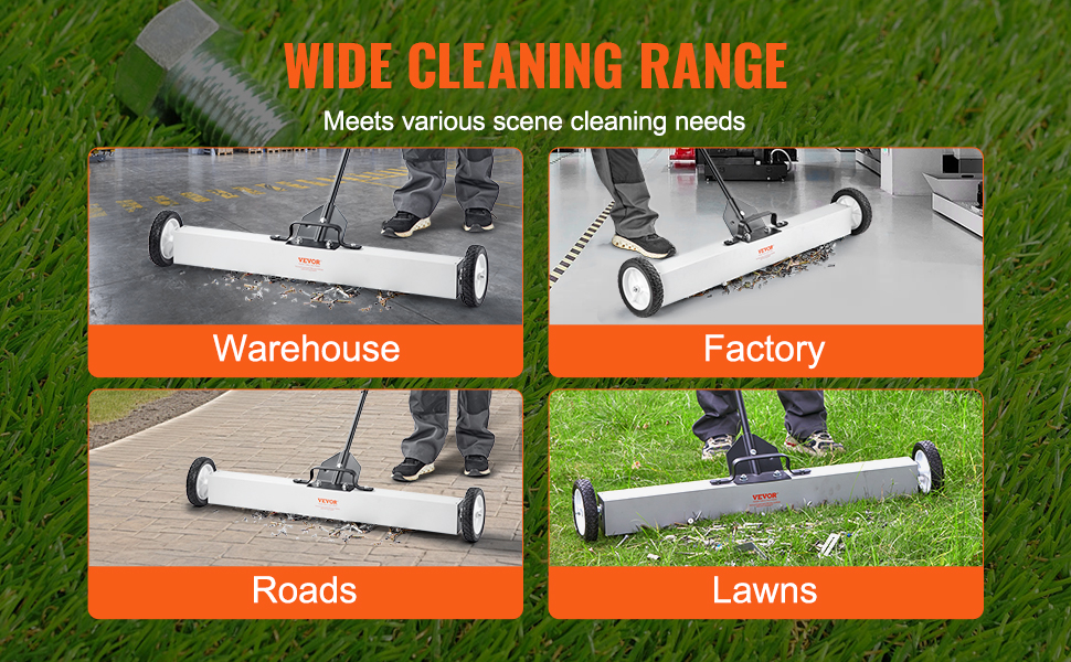 VEVOR magnetic sweeper cleaning various scenes: warehouse, factory, roads, and lawns. wide cleaning range.