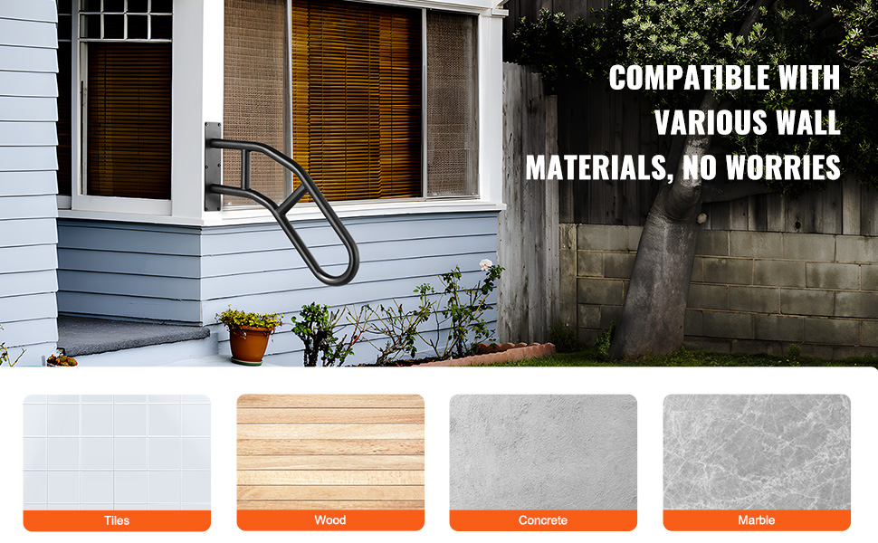 VEVOR outdoor handrails on house exterior, compatible with various wall materials: tiles, wood, concrete, marble.